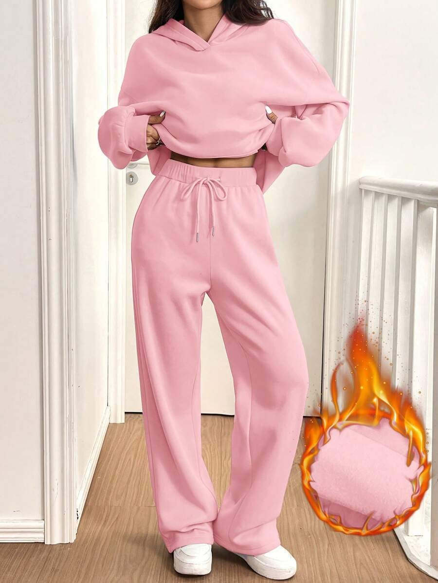 女士街頭時尚純色兩件套裝(上衣+褲子)