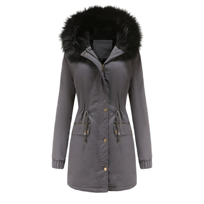 Women's Plush Hooded Parkas Winter Warm Thick  Zip-up Jackets Casual Mid-length Solid Buckle Pockets Coat Outerwear Clothing SimplyOnlineShopping