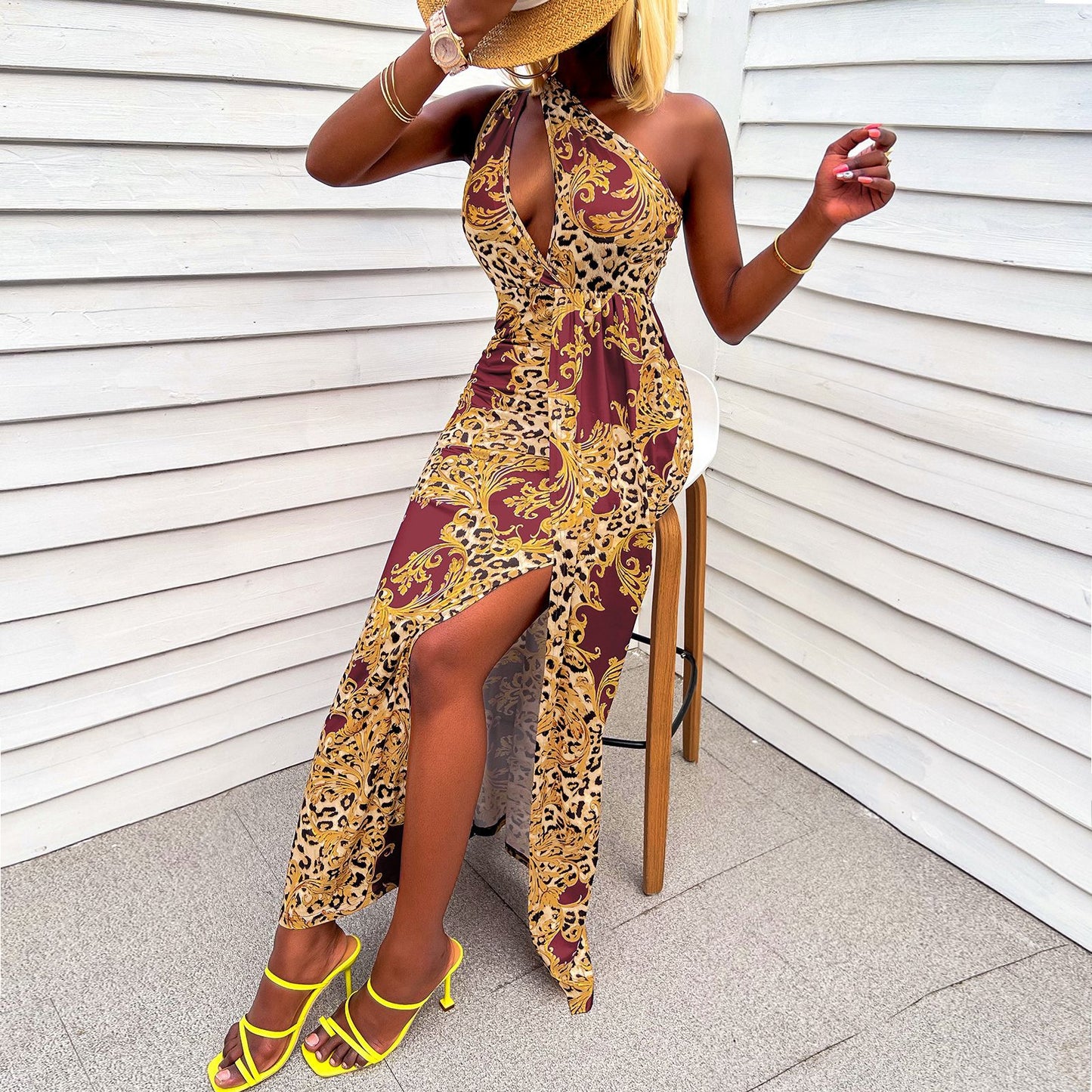 歐美風格拼接碎花洋裝 – 長款