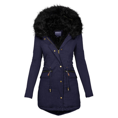 Women's Plush Hooded Parkas Winter Warm Thick  Zip-up Jackets Casual Mid-length Solid Buckle Pockets Coat Outerwear Clothing SimplyOnlineShopping