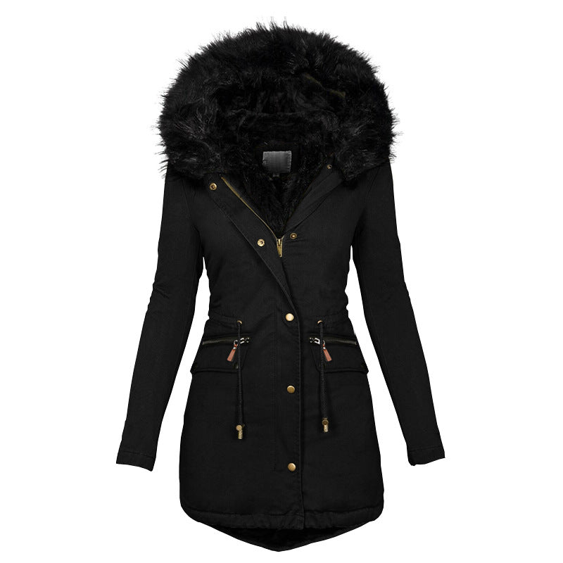 Women's Plush Hooded Parkas Winter Warm Thick  Zip-up Jackets Casual Mid-length Solid Buckle Pockets Coat Outerwear Clothing SimplyOnlineShopping