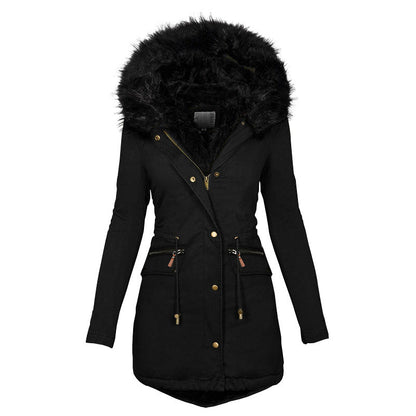 Women's Plush Hooded Parkas Winter Warm Thick  Zip-up Jackets Casual Mid-length Solid Buckle Pockets Coat Outerwear Clothing SimplyOnlineShopping