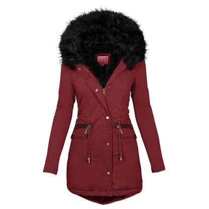 Women's Plush Hooded Parkas Winter Warm Thick  Zip-up Jackets Casual Mid-length Solid Buckle Pockets Coat Outerwear Clothing SimplyOnlineShopping