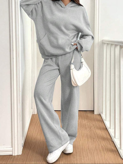 女士街頭時尚純色兩件套裝（上衣+褲子）