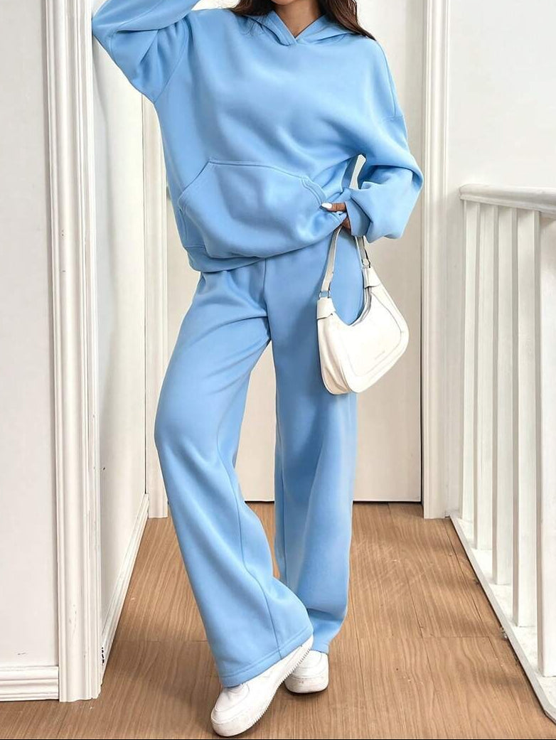 女士街頭時尚純色兩件套裝（上衣+褲子）