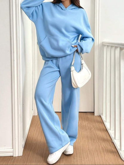 女士街頭時尚純色兩件套裝（上衣+褲子）