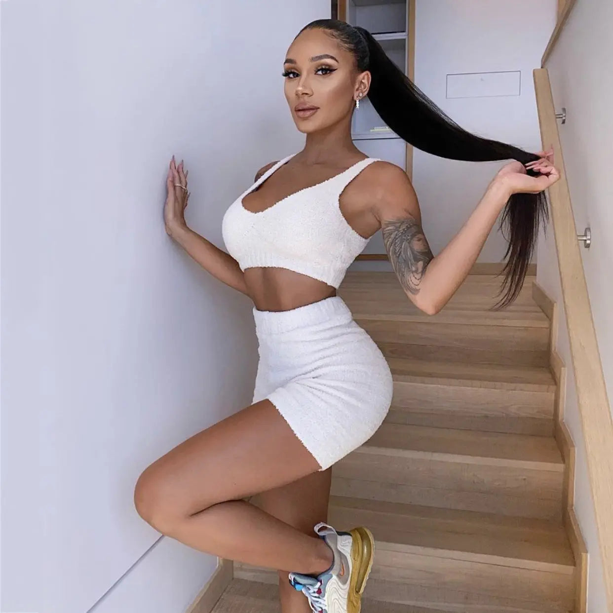 3pcs Womens Clothing Long Sleeve Crop Tank Top And Drawstring Shorts Pajama Set SimplyOnlineShopping