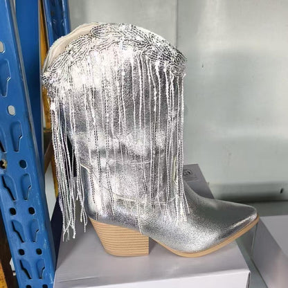 👢 女士西部流蘇靴 – 金屬金色