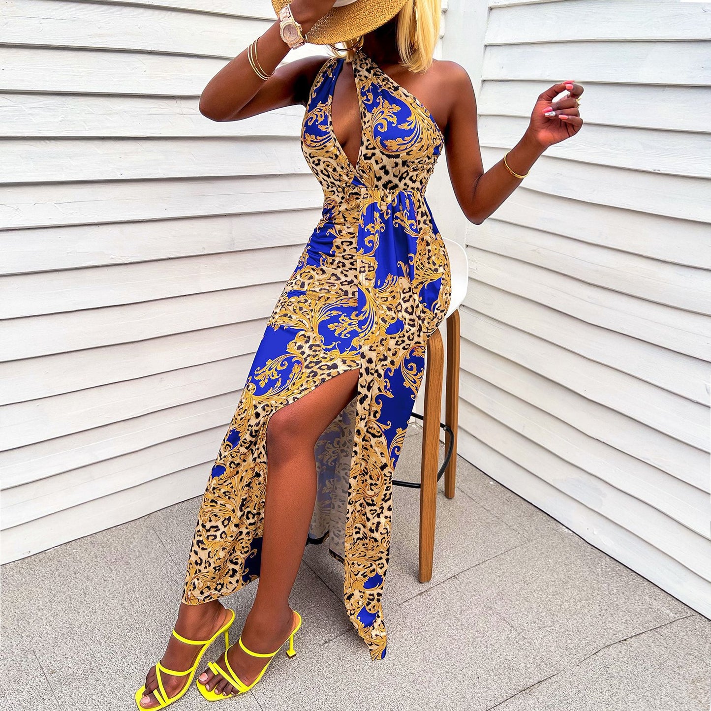 歐美風格拼接碎花洋裝 – 長款