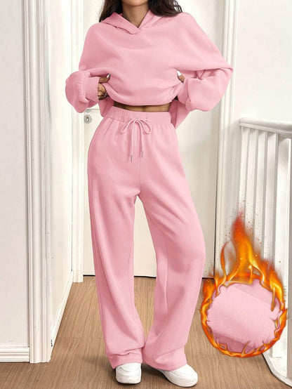 女士街頭時尚純色兩件套裝（上衣+褲子）