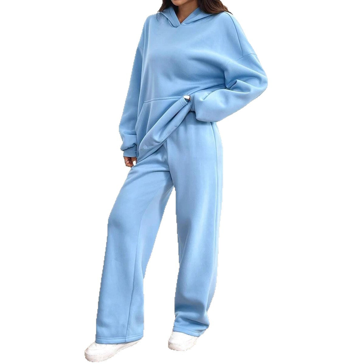 女士街頭時尚純色兩件套裝（上衣+褲子）