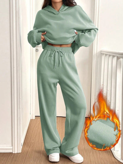 女士街頭時尚純色兩件套裝（上衣+褲子）