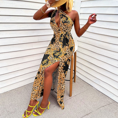 歐美風格拼接碎花洋裝 – 長款